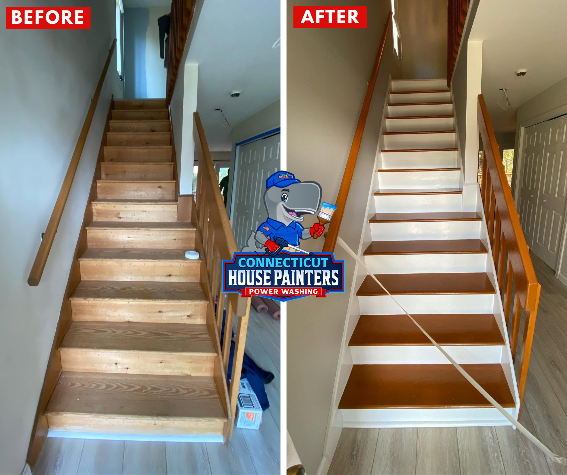 Interior staircase and trim painting project in Westerly